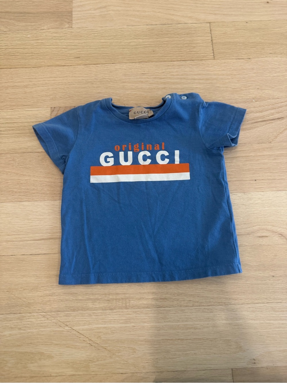 Gucci Blue Kids Short Sleeve Logo Tee with Orange & White Stripe